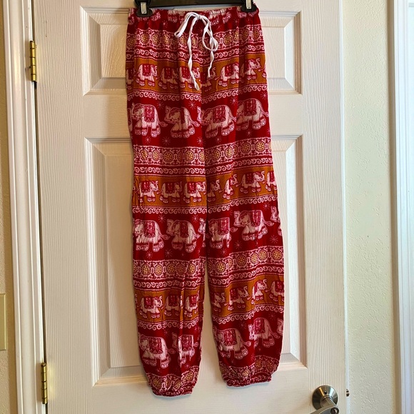 Harem Hippie Yoga elephant print red & orange paisley pants elastic drawstring S - Picture 1 of 12